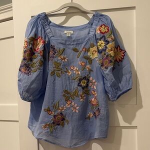 Sundance Blue Floral Embroidered Blouse Size M